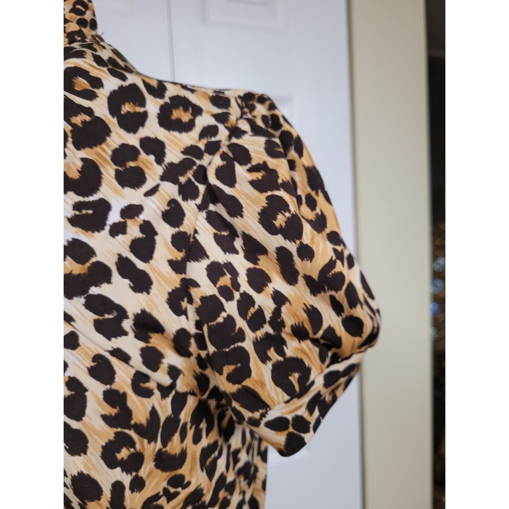 Leopard Print Keyhole Neck Puff Sleeve Belted A-Line Dress BOHO Brown/Tan Size M - Picture 4 of 6